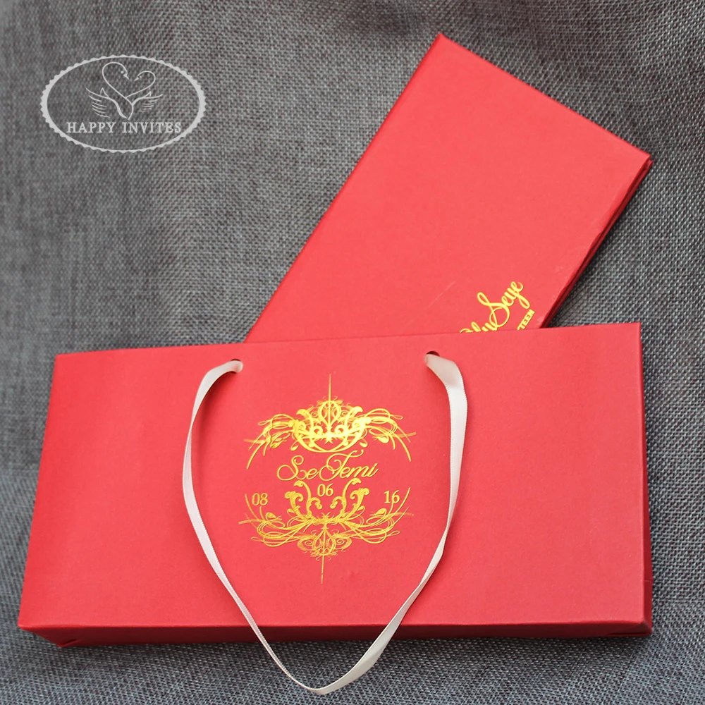 HI1181-05 Customized Red Hardcover Invitation Card Folder with HandBag & Gold Foiling Printing Red Wedding Cards at Factory Wholesal Price Made in China