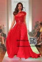 Schulter Kurzen Ärmeln Pailletten Perlen Chiffon Lange Abendkleid Mit Zug Rot Elegante Abendkleider