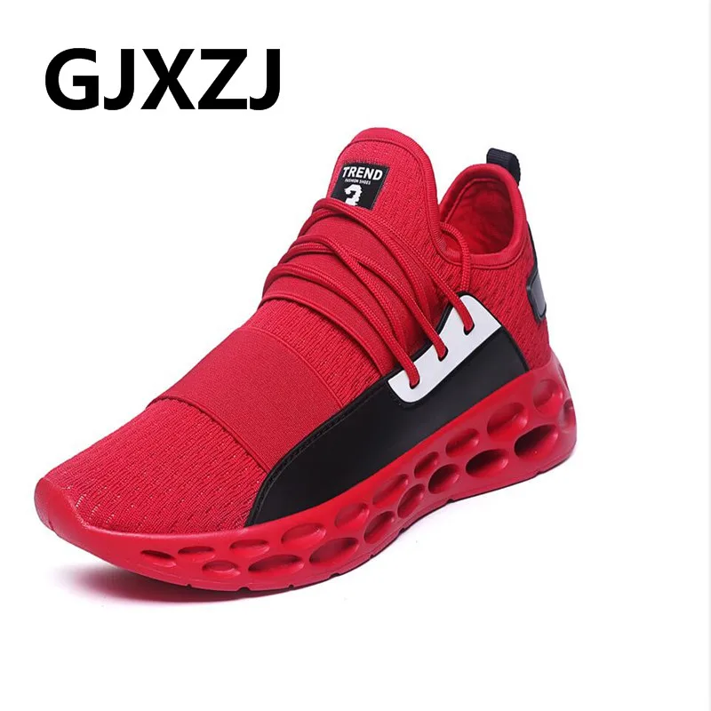 

GJXZJ 2019 fashion four seasons running men breathable comfortable outdoor travel light black and red fitness sneakers