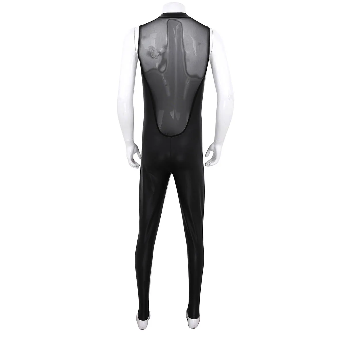 Tiaobug Adult Black Wetlook Patent Leather Sheer Mesh Splice Zipper Crotch Leotard Bodysuit Men Jumpsuit Zentai Club Costume -Zentai shop online