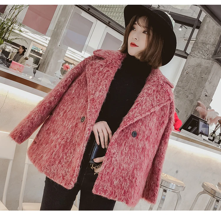 2018 winter new mohair short coat suit big turn down collar solid color
