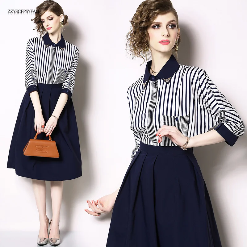 

ZP9685# Reality Pat European station long two-piece set A-character skirt fashion striped shirt + half-length skirt