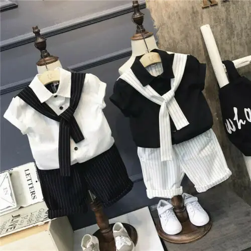 

Fashion Toddler Kid Baby Boys Tops Tie Short Sleeve T-shirt Striped Short Pants Outfits Costume Gentleman Clothes Suit Setset