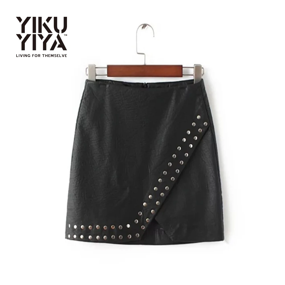 YIKUYIYA Women Sweet Faux Leather Mini Skirts Studded Asymmetrical Solid Black Sexy Skirts Split