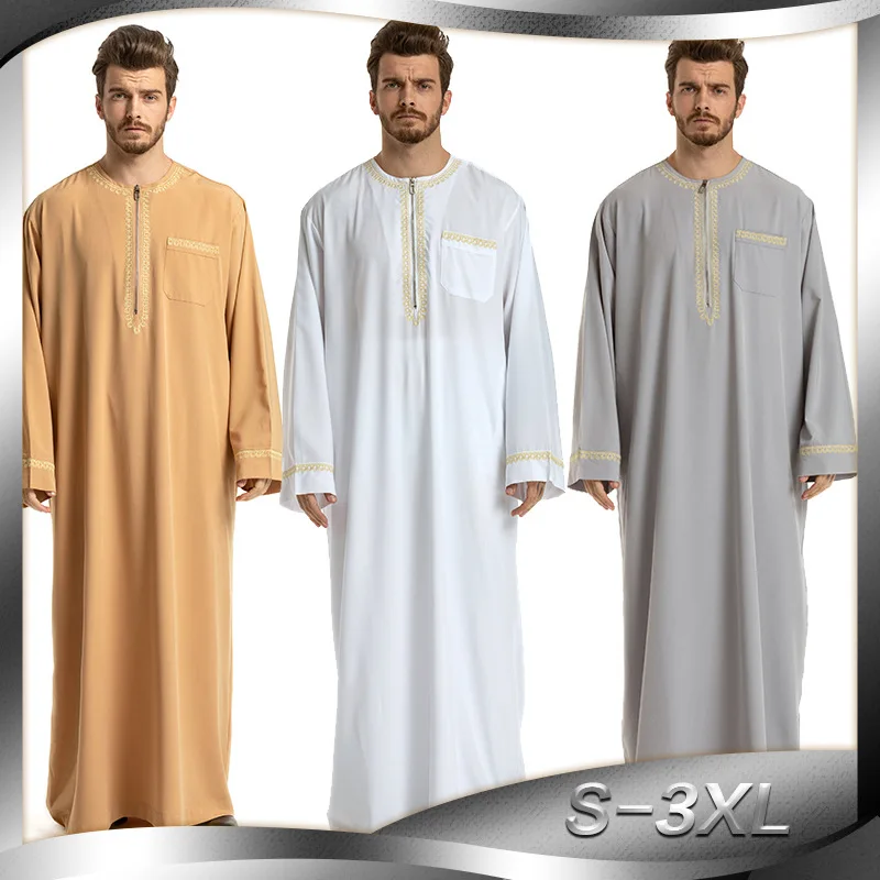 

Saudi Arabia Men Islamic Clothing O Neck Long Sleeve Plus Size Embroidery Ropa Arabe Hombre Islamic Mens Thobe baju muslim pria