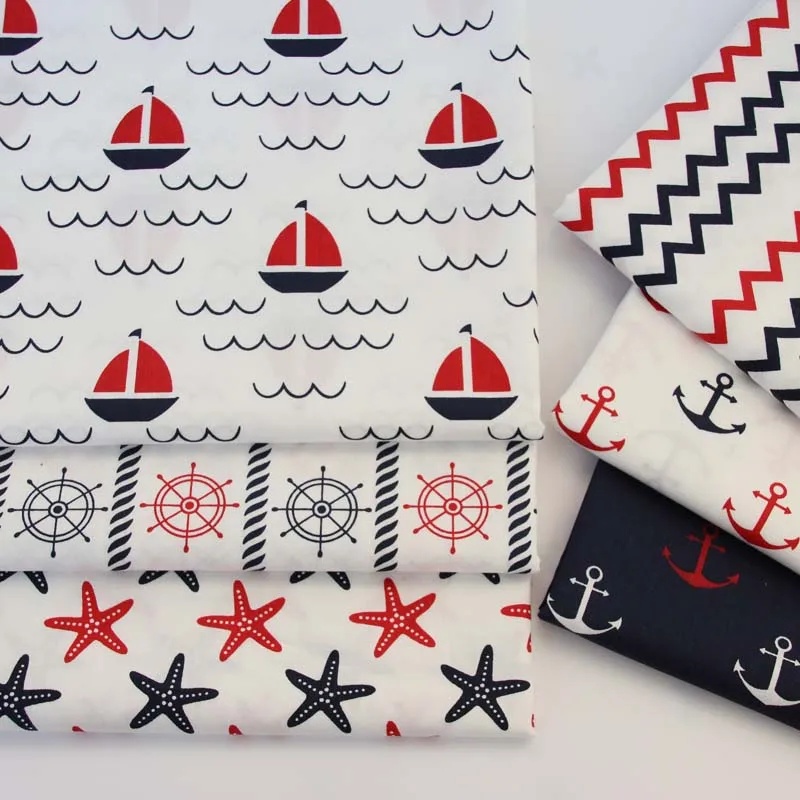 

160CM*50CM cotton marine style black red sailboat rudder chevron starfish anchor fabric for DIY bedding cushion handwork decor