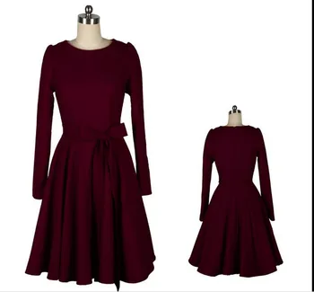 

autumn and winter long sleeve pleated chiffon dress vintage 50s 60s rockabilly O neck Bow sexy elegant woolen european style