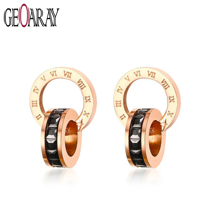Geoaray Engraved Romen Number Stud Earrings For Women Rose Gold 