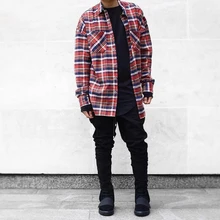 US hip hop most popular justin bieber fear of god fog men unisex flannel long-sleeved plaid oversized dress shirt in red TC183