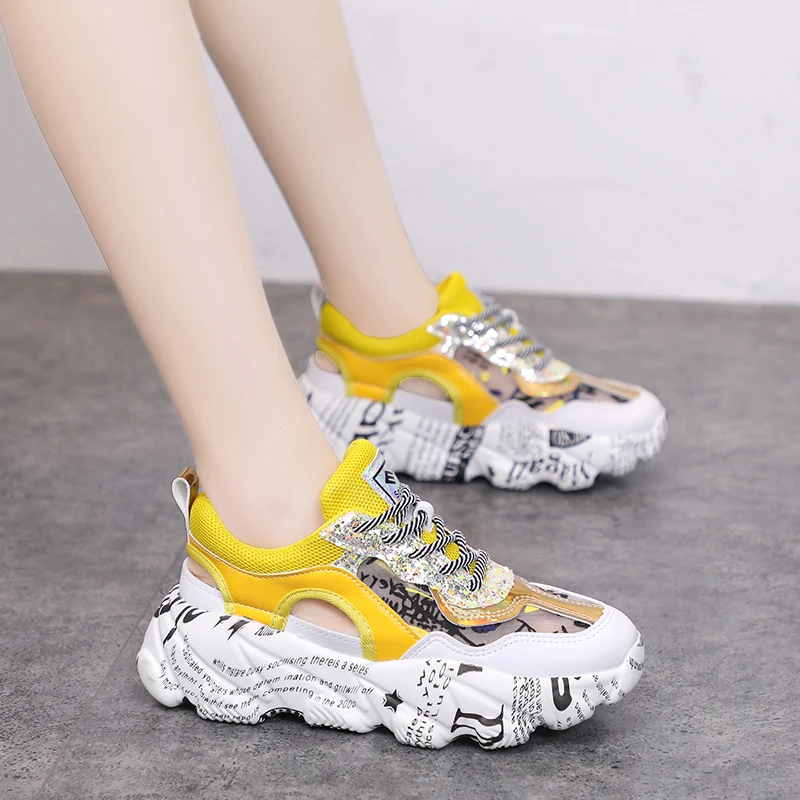 

Trendy Graffiti Casual Shoes Pink Yellow Women Colorful Sneakers 2019 Platform Chunky Trainers Women Shoes Summer Footwear