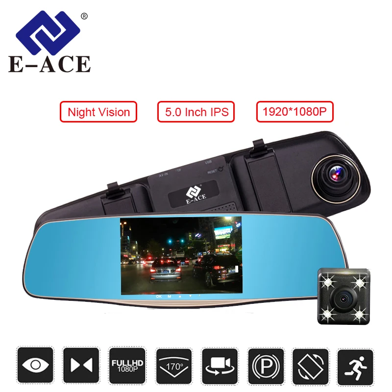 Kaufen E ACE 5,0 Inch Auto DVR Spiegel Volle hd 1080 P Rückspiegel Kamera Mit Dual Len Auto Video Registrator Dash kamera Auto Dash Cam