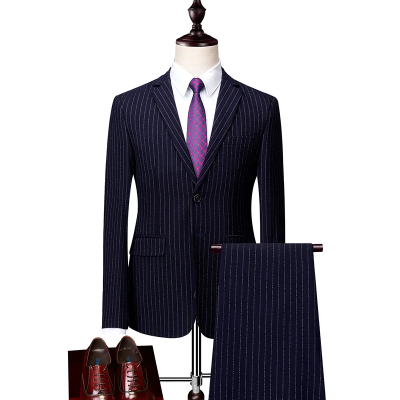 Мужской костюм весна и осень Новый мужской Модный деловой костюм в полоску костюм из двух предметов (куртка + брюки) свадебное платье