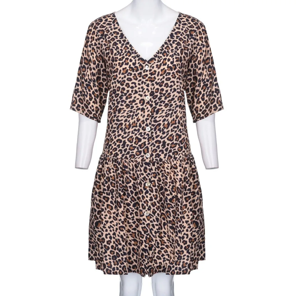 Пикантная летняя одежда для женщин, сексуальное платье с v-образным вырезом и рукавом средней длины, шифоновое платье с леопардовым принтом, праздничное платье размера плюс