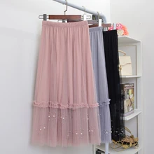 Шикарный стиль работы бисера Длинные сетчатые юбки женские модные Bohe работы бисера длинный гофрированный с сеткой юбки женские повседневные свободные тюлевые юбки