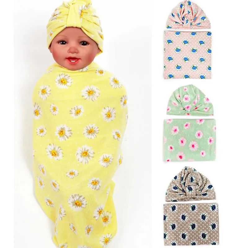 New Cotton Baby Swaddle Blanket Set With Hat Newborn Floral Wrap Cloth