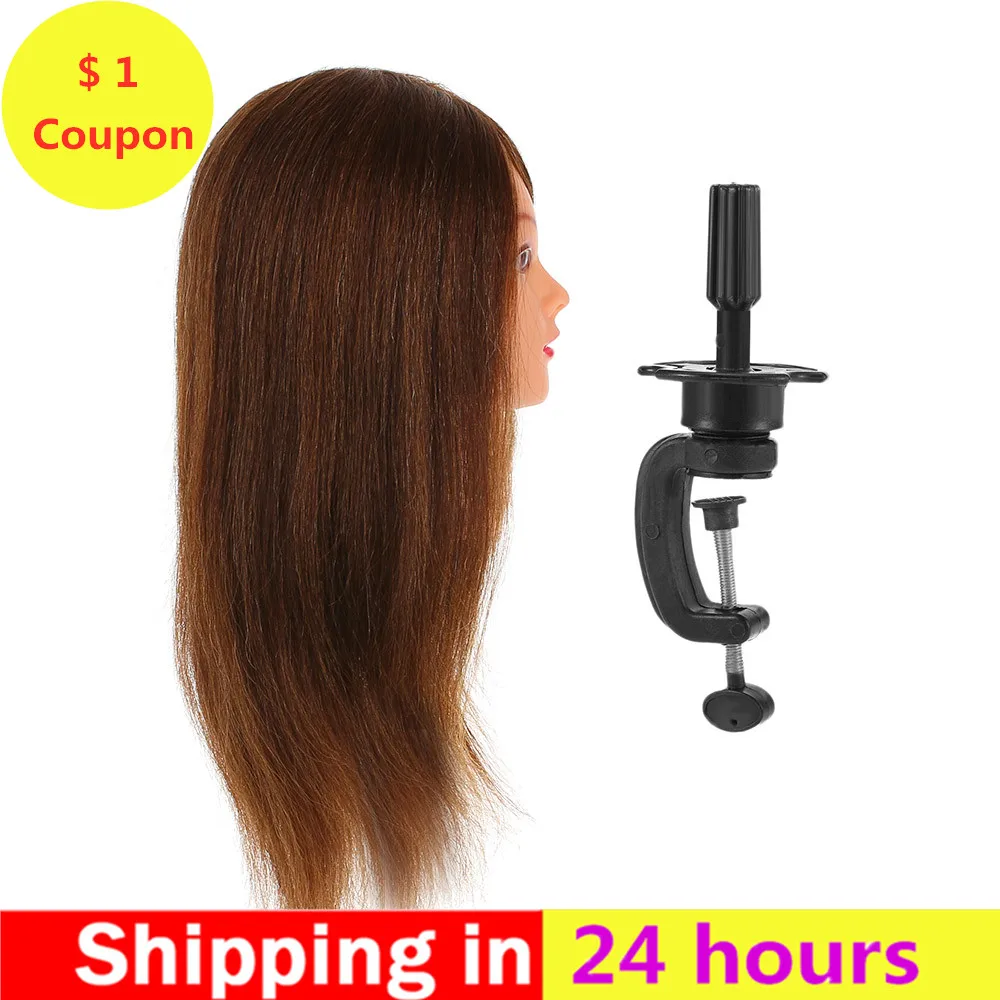 

24" 100% Real Human Hair Mannequin Head Hairdressing Training Head Cosmetology Doll Head With Table Clamp Stand Practice Tool