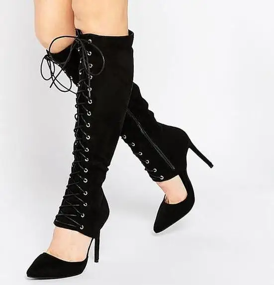 

Fashion Suede leather Women Point Toe Boots Sexy Cut Out Laides Lace Up Knee High Boots Female High Heel Boots Knight Style Boot