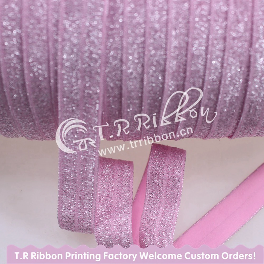 

5/8" silver glitter folding over elastic thread foes-Pearl Pink for hair tie girls hair band #90101, 100 yards/lot