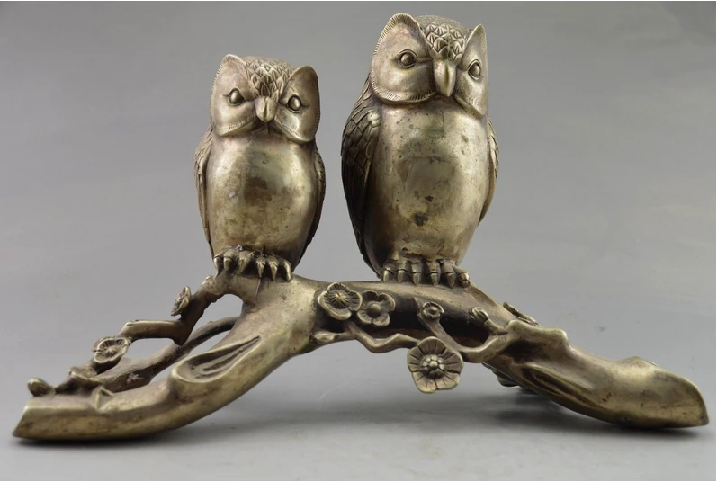 

Metal Crafts Collectible Decorate Old Handwork Tibet Silver Carve Pair birds On Tree Big Statue