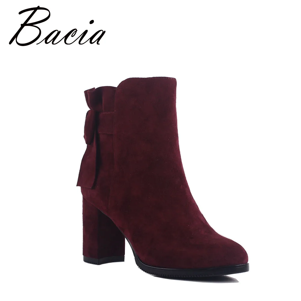 

Bacia Red Boots Sheep Suede Ankle Boots Bow-Knot Shoes Women Fashion High Heels Boots Natural Sheepskin Short Boots MB016