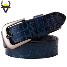 Blue Thin Belts for Women jeans Cow Genuine leather belt woman High quality Second layer cowhide Fashion Pin buckle strap female