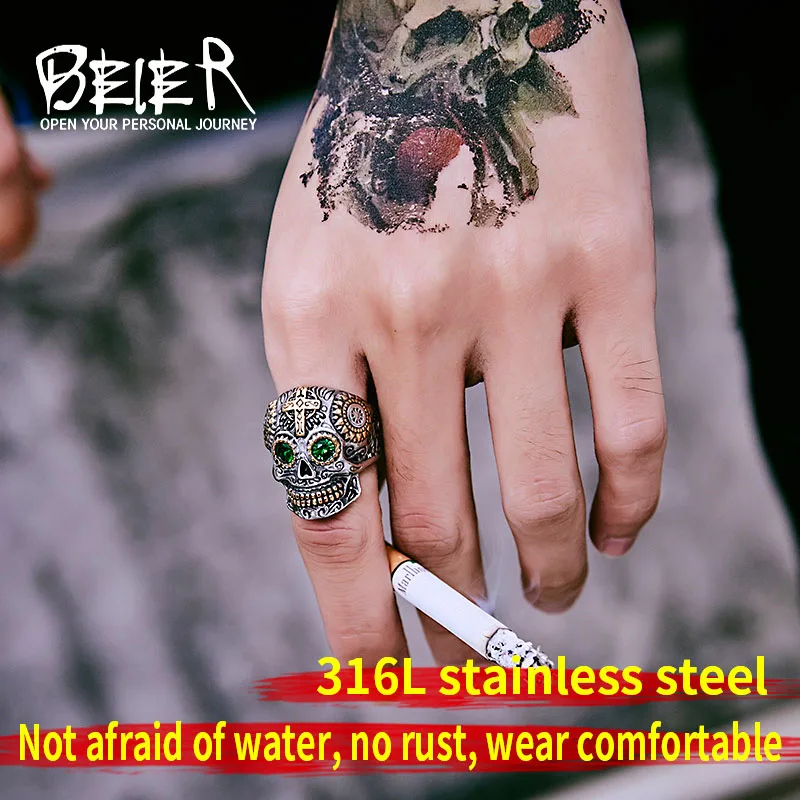 BEIER Stainless Steel Gothic gold Carving kapala skull mask Ring Biker Hiphop rock Jewelry Unique fashion Gift for men BR8-327 - Image 4