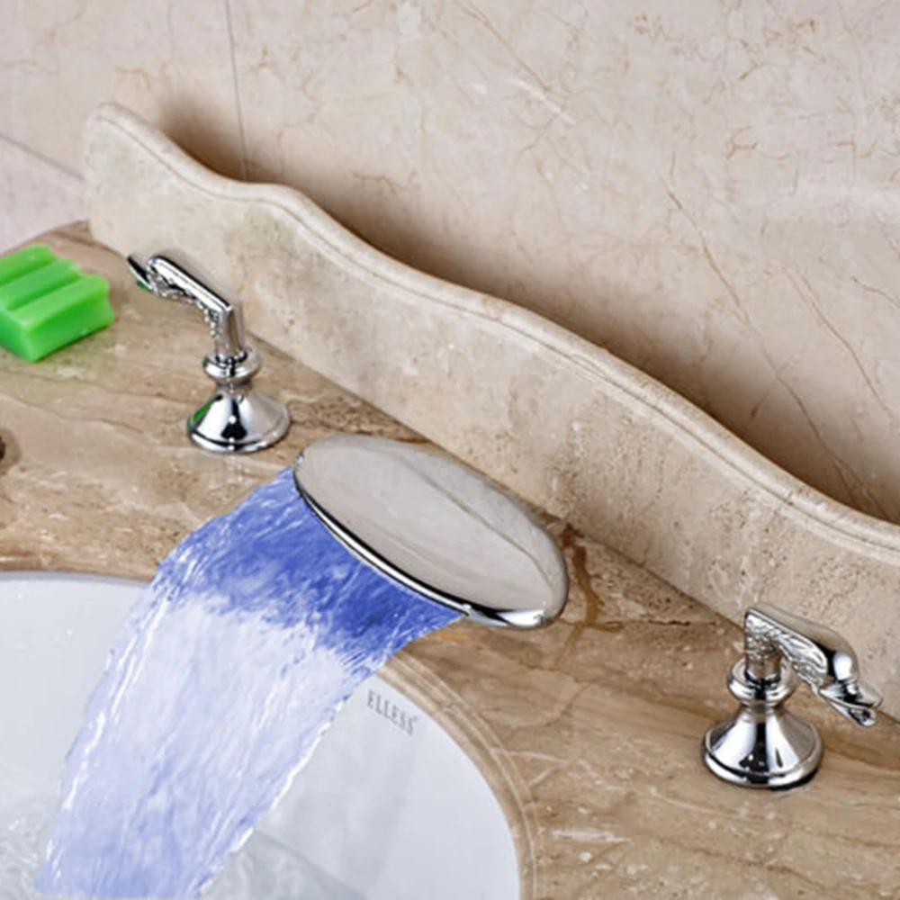 LED Waterfall Bathroom Basin Faucet Widespread Vanity Sink Tub Faucet Mixer Tap