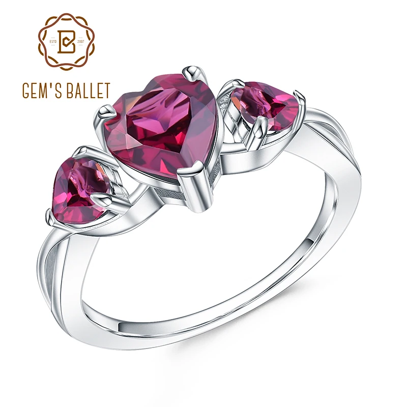

GEM'S BALLET 925 Sterling Silver Birthstone Ring 2.06Ct Natural Rhodolite Garnet Heart Rings For Women Valentine's Day Jewelry