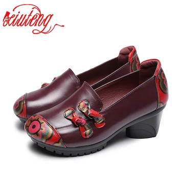 

Xiuteng New Shoes Women Pumps Genuine leather Spring Woman Handmade Shoes Spring Thick Heels Round Toe Leopard Female Pumps