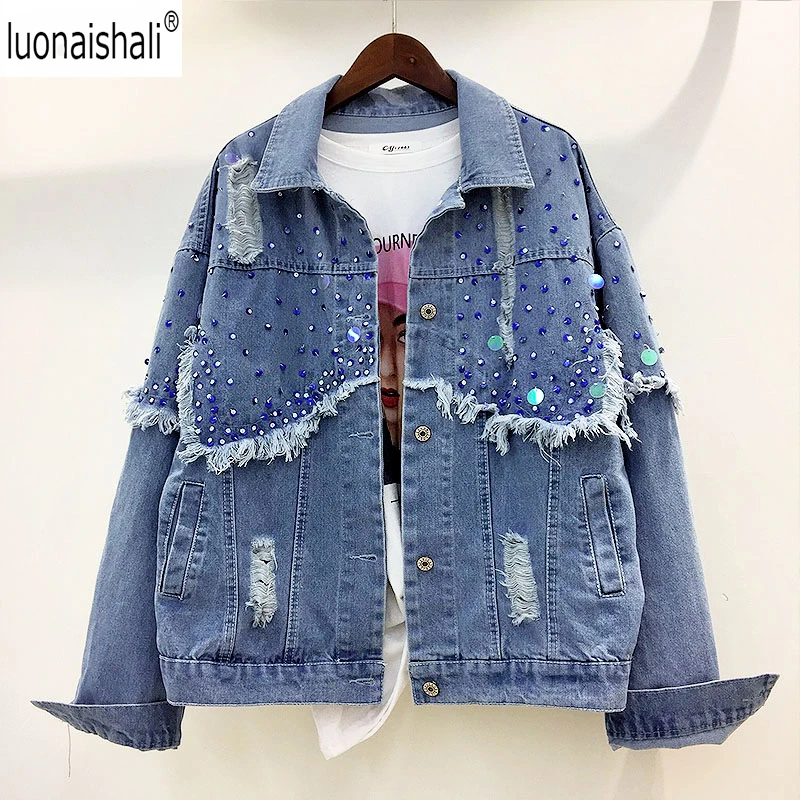 2018 Autumn New Women's Loose Sequins Patch Frayed Hole Denim Jacket