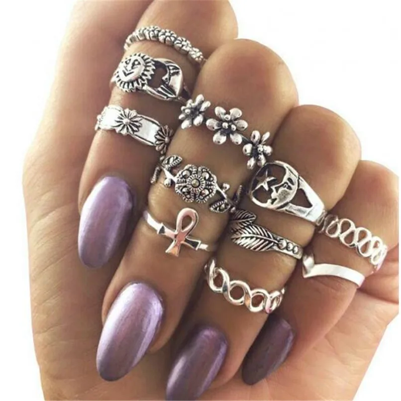 

Star Jewelry Bohemian 11pcs/Set Retro Anti Silver Anti Gold Rings Lucky Stackable Midi Rings Set Rings For Women Party 2018 New