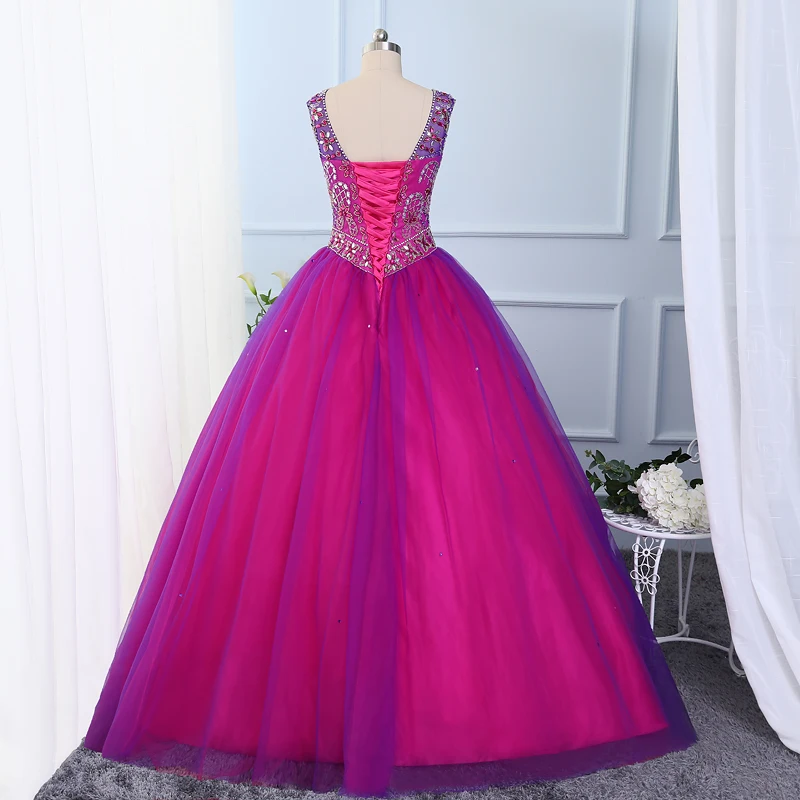 Jeweled beaded Layered Tulle Fuchsia Purple Sweet 16 Ball Gowns Scoop Neckline Green Vestido De Quinceanera