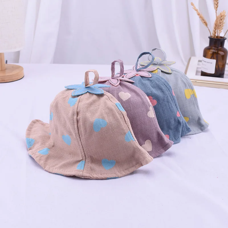 

Korean children's love print fisherman hat female summer baby travel visor stage show dome cap For 2-4 years old girls