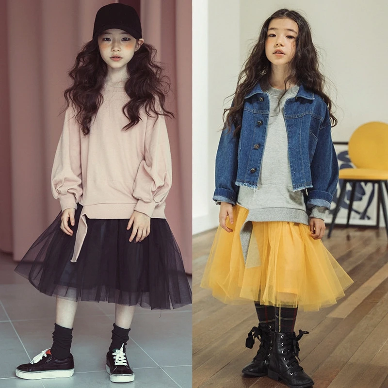 

Autumn Girls Dress Children Clothes For Teen Girls Sweatshirts Teenagers Cotton Top+Mesh Stitching Dress Elegant Child Costumes