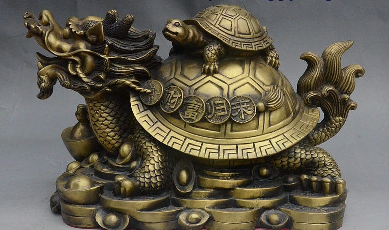 

15" Folk China Bronze Wealth Dragon Turtle Carry Tortoise On YuanBao Coin Statue