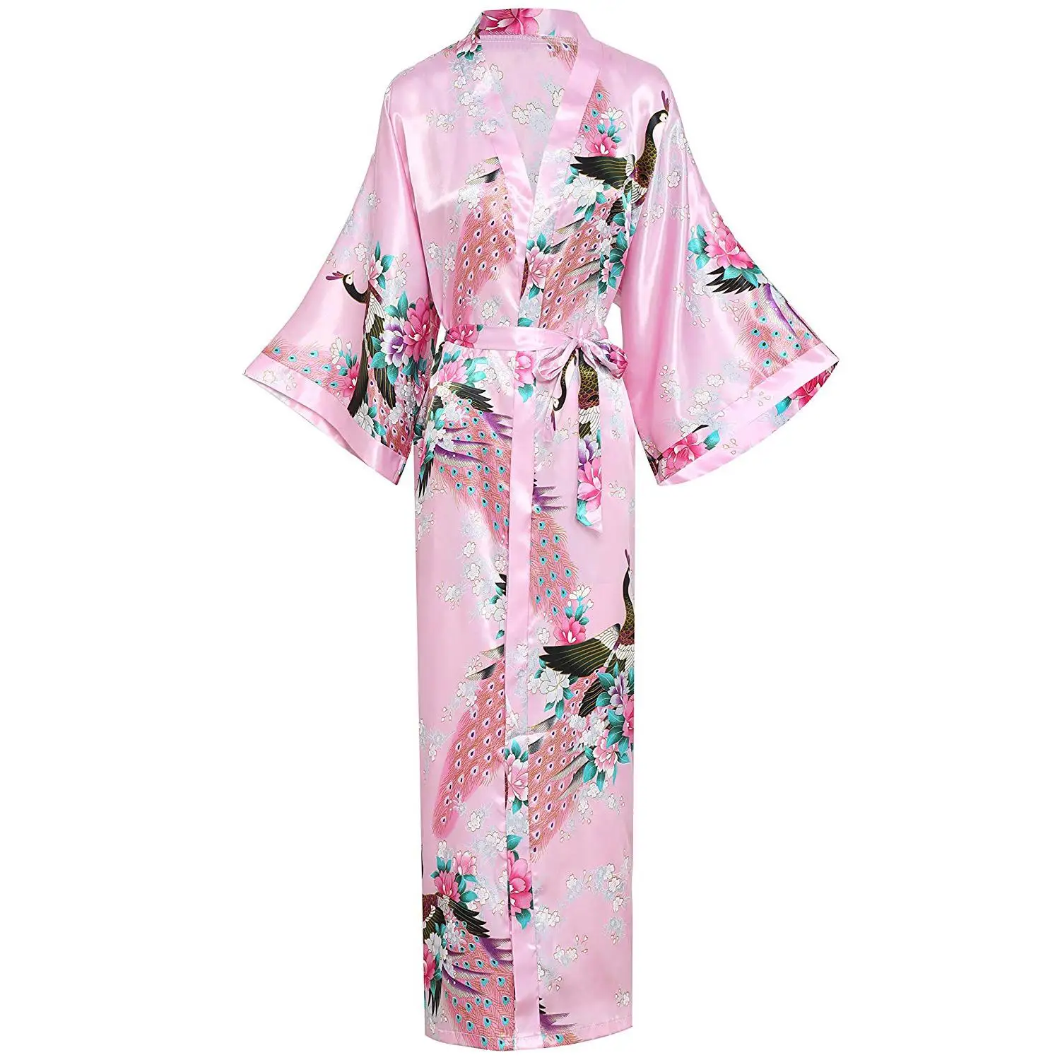Серый женский халат с принтом павлина Классическая атласная длинная кимоно Халат Банные халаты Ночная рубашка повседневное вискозное негабаритное домашнее платье - Цвет: Pink