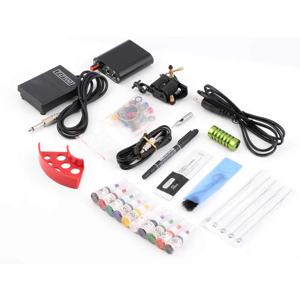 

Complete Tattoo kits Pro Gun machine Power Pedal 10 Color ink sets power supply disposable needle Grip Tip US Plug Hot New
