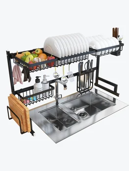 

304 Stainless steel drain dish rack Double-layer dish cutlery storage rack Multifunction kitchen rack with Chopstick holder