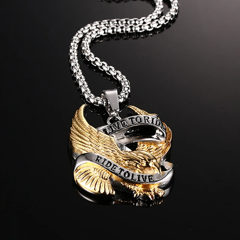 Qevila New Fashion Necklaces Punk Stainless Steel Gold Eagle Pendant Necklaces Silver Link Chian Necklace Men Women Jewelry Gift (7)
