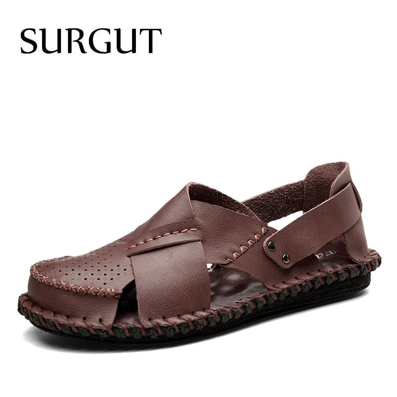 Мужские повседневные пляжные босоножки SURGUT, темно-коричневые сандалии из натуральной кожи, обувь 38~44 размеров для лета
