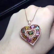 Натуральный многоцветный Турмалин Подвеска S925 серебро Природный камень кулон Цепочки и ожерелья Модный Романтический персик сердца женщин ювелирные изделия