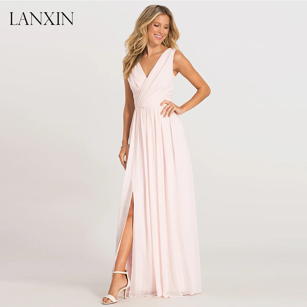 

Blush Pink Long Chiffon Bridesmaid Dress 2019 Sexy V Neck Slit Pleated Women Formal Wedding Guest Maid of Honor Dress Party Gown