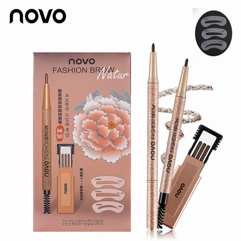 

novo 4colors Eyebrow Pencil 1 Set=3pcs New Makeup Set With 3pcs pencil+3pcs Eye Brows Template Waterproof Long Lasting Make Up