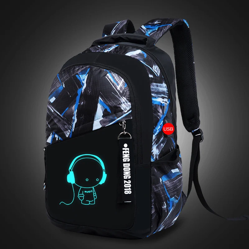 Lukatu человек USB школьная сумка тренд студенческий рюкзак для ноутбука для мальчиков-подростков, 2 шт./компл. Doodle шаблон Школьный Рюкзак многофункциональные сумки - Цвет: Black blue