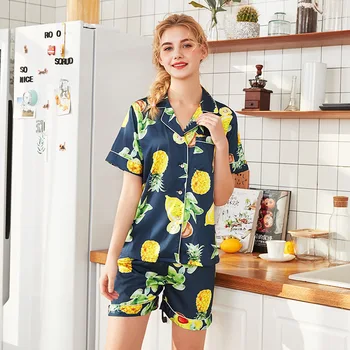 

Satin Casual Summer New 2PCS Shirt&Shorts Pajamas Suit Female Print Nightwear Home Clothes Navy Blue Lounge Sleepwear Negligee