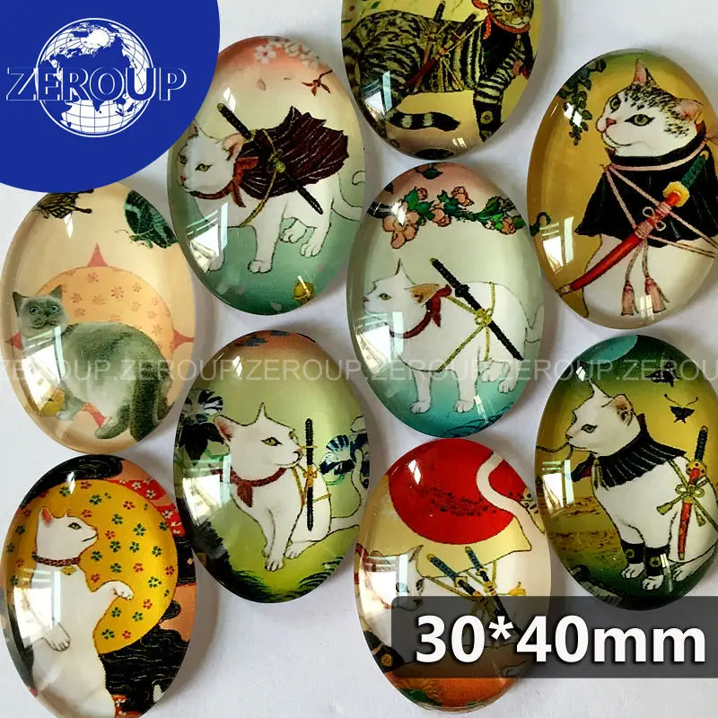 ZEROUP 30*40mm oval glass cabochon cat pictures mixed pattern fit base setting for jewelry embellishment flatback 10pcs/lot | Украшения и