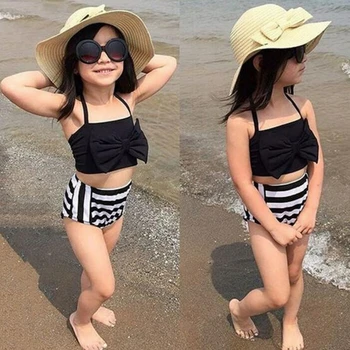 

1-6 Year's Kids Girls Bow Sling Black and White Stripe Bikini Baby Girls Bathing Suit Swimsuit Swimwear Swimming Costume M