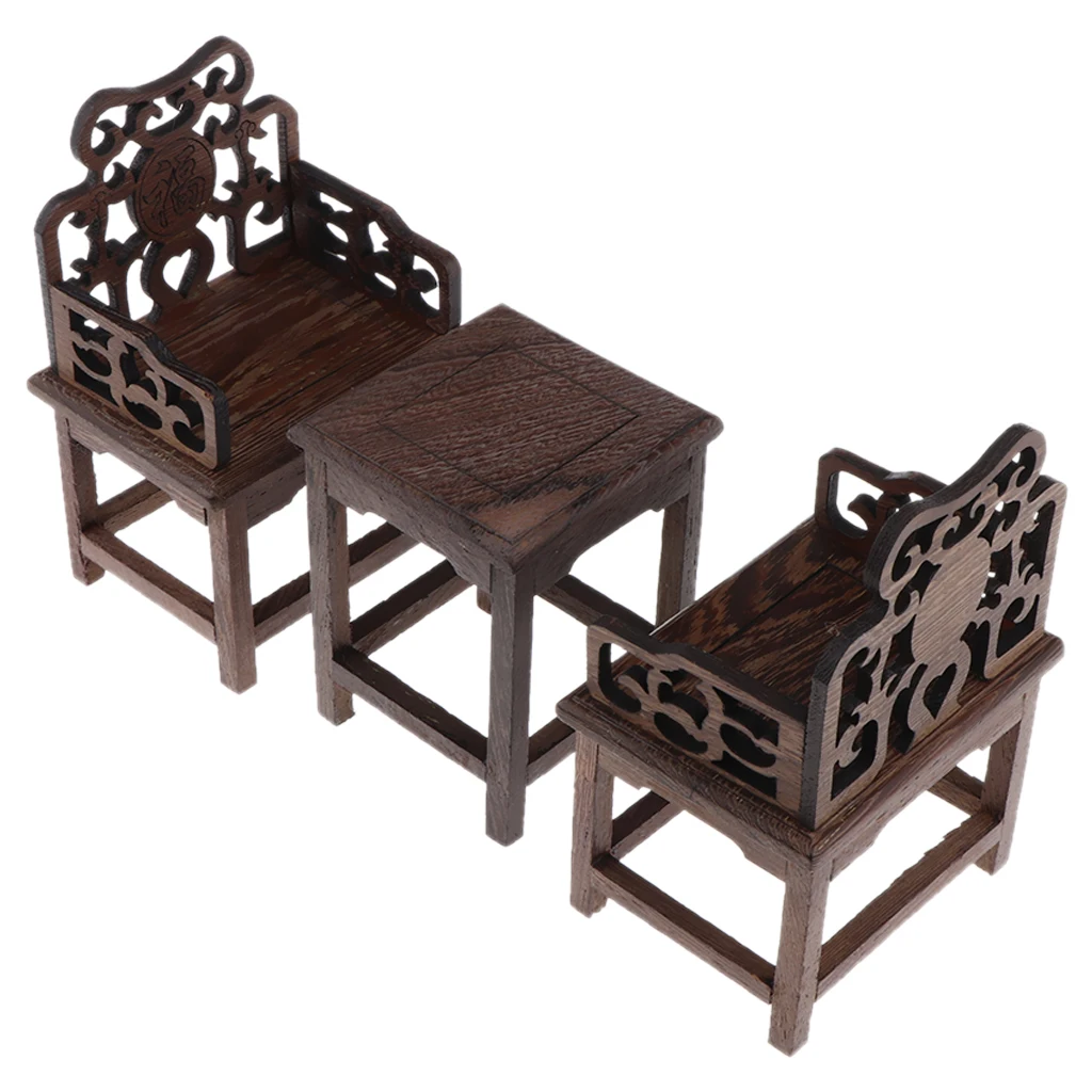 Mini Vintage Style Furniture Set, 1 Table and 2 Armchairs for 1/6 Dollhouse Dark Wood Tone, A