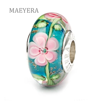 

MAEYERA Real S925 Lampwork Beads Core Lake blue Bottom Green Rattan Pink Flowers Murano Glass Beads Fit European Bracelet 920205