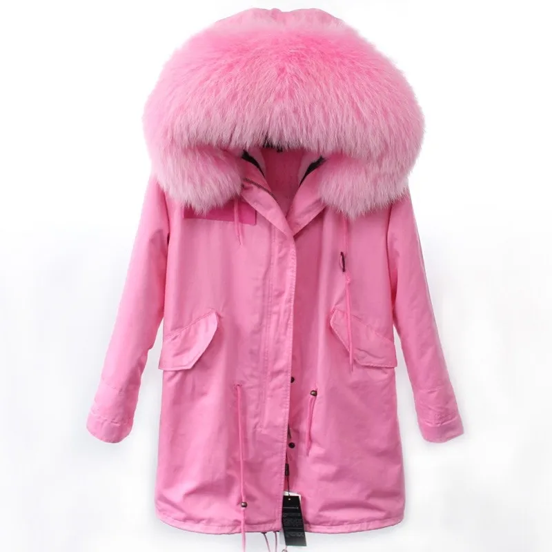 Furlove Women Winter Parkas Large Real Raccon Fur Parka Pink Faux Fur Liner Thickening Long Jacket Overcoat